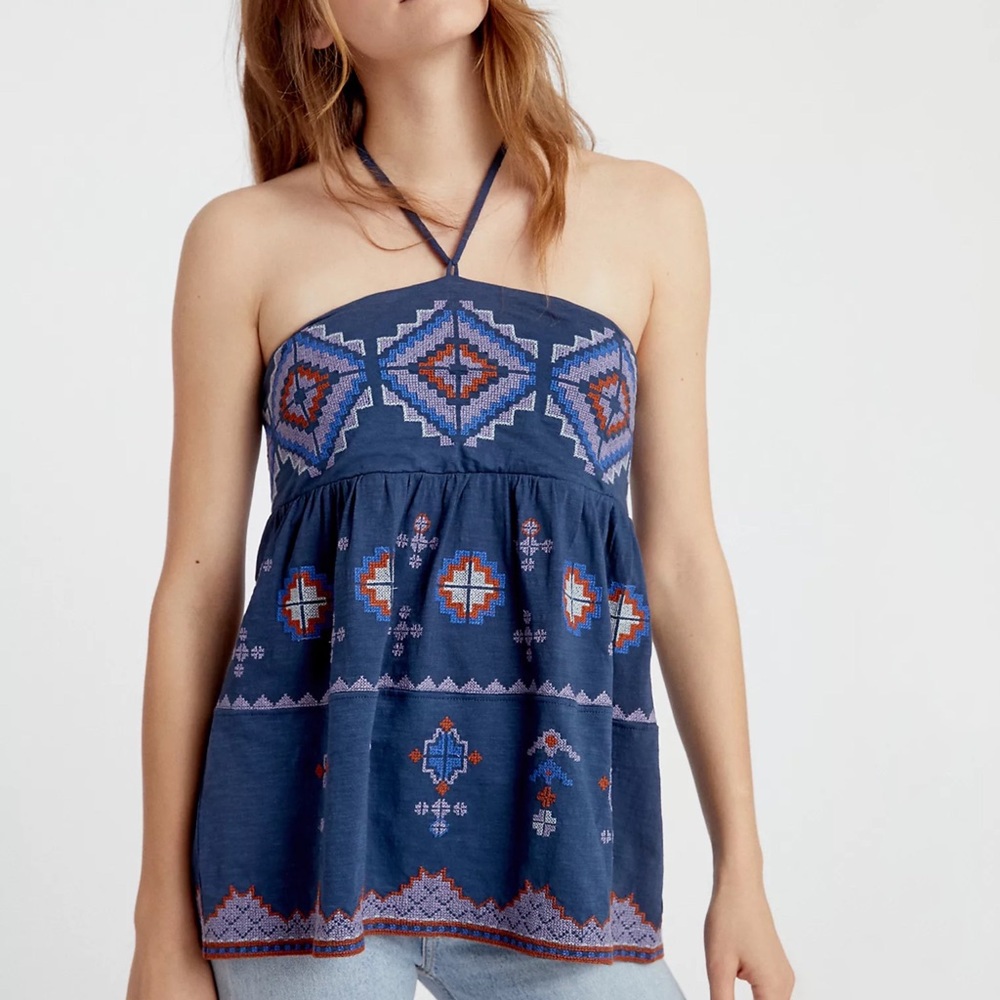 NWT Anthropologie Embroidered Halter Top Navy Blue Boho L Large